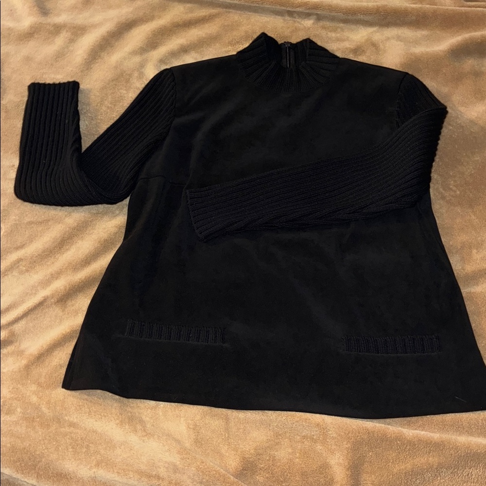 Vintage Talbots Black Faux Suede Wool Knit Sleeve Stretch Mock Neck Sweater 8P